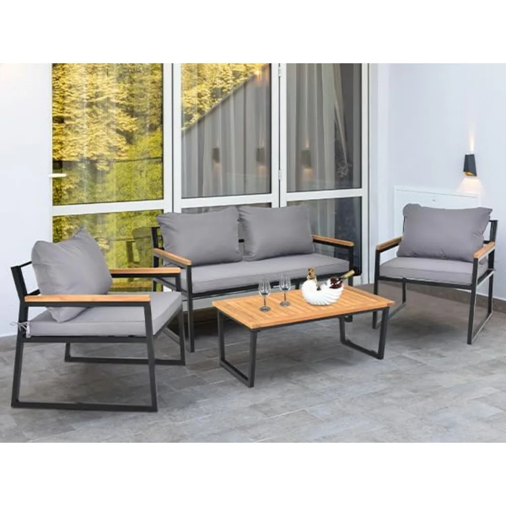 

Patio Furniture 4pcs Outdoor Conversation Sofa Set with Acacia and Metal Coffee Table, Loveseat and Single Chair for Backyard