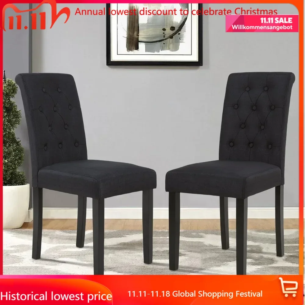 Set of 6 Upholstered Fabric Dining Chairs with Button-Tufted Details Living Room Chairs (Black Set of 6)