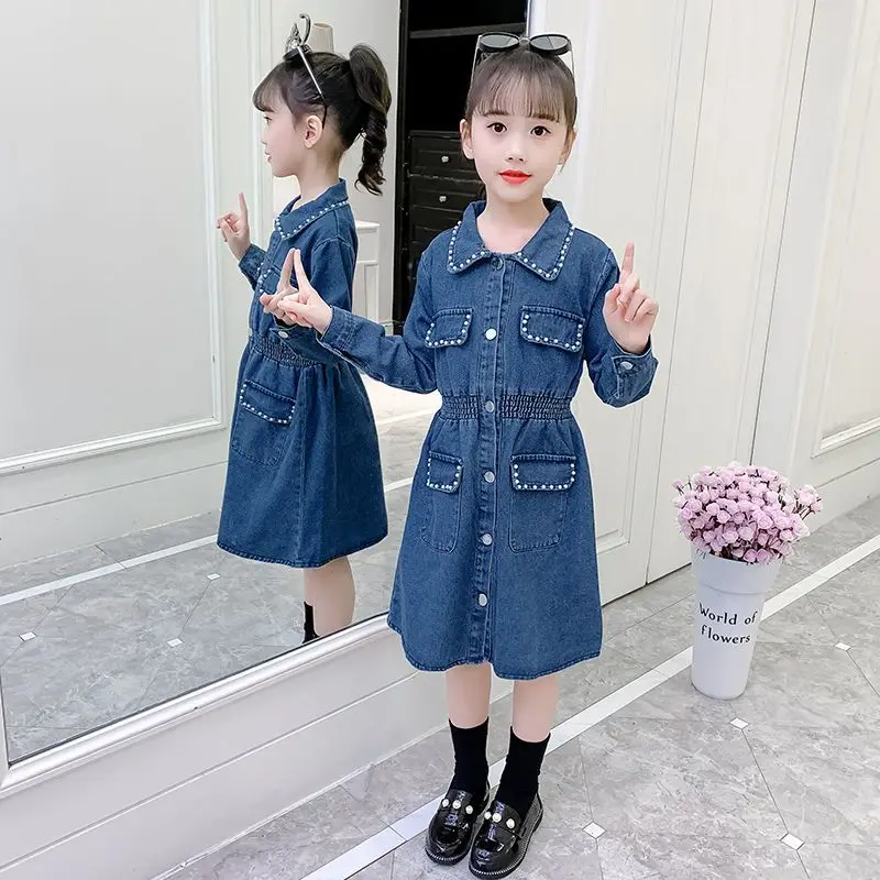 2026 Spring Autumn Girls Korean Style Long Sleeve Denim Dress Kids Casual Jeans Dress Children Clothing