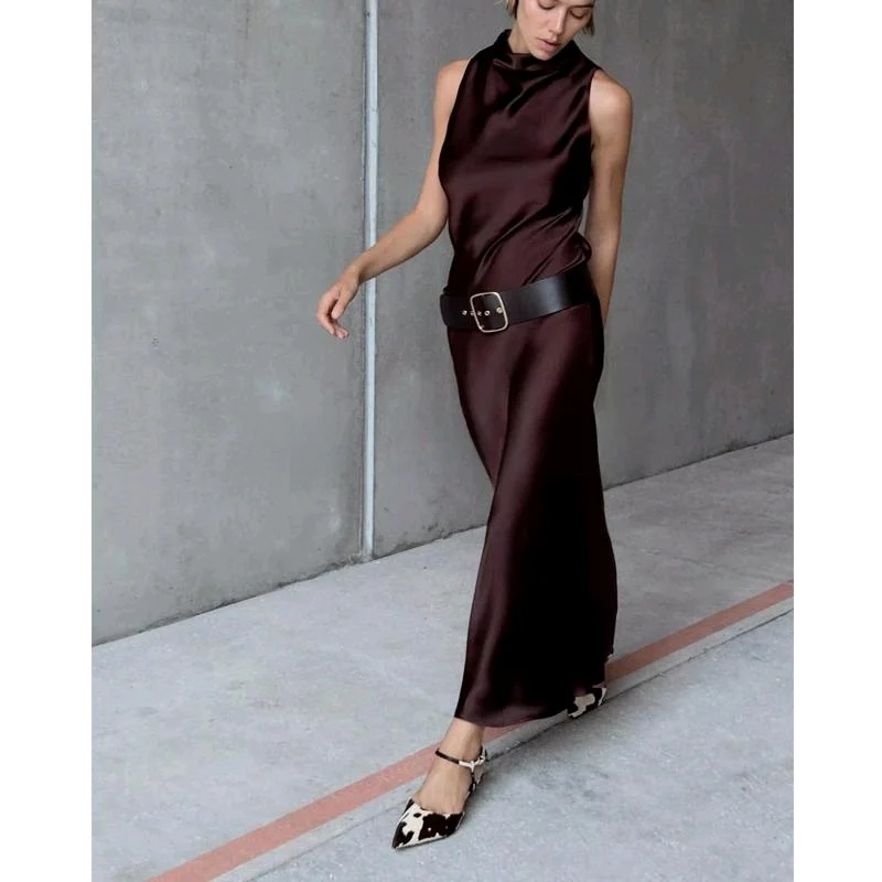 Wiosenna nowość: damska spódnica midi z satyny jedwabnej Ne Svel, okrągły dekolt, wysoki stan, elegancka, do pracy, długa, pojedynczy element.