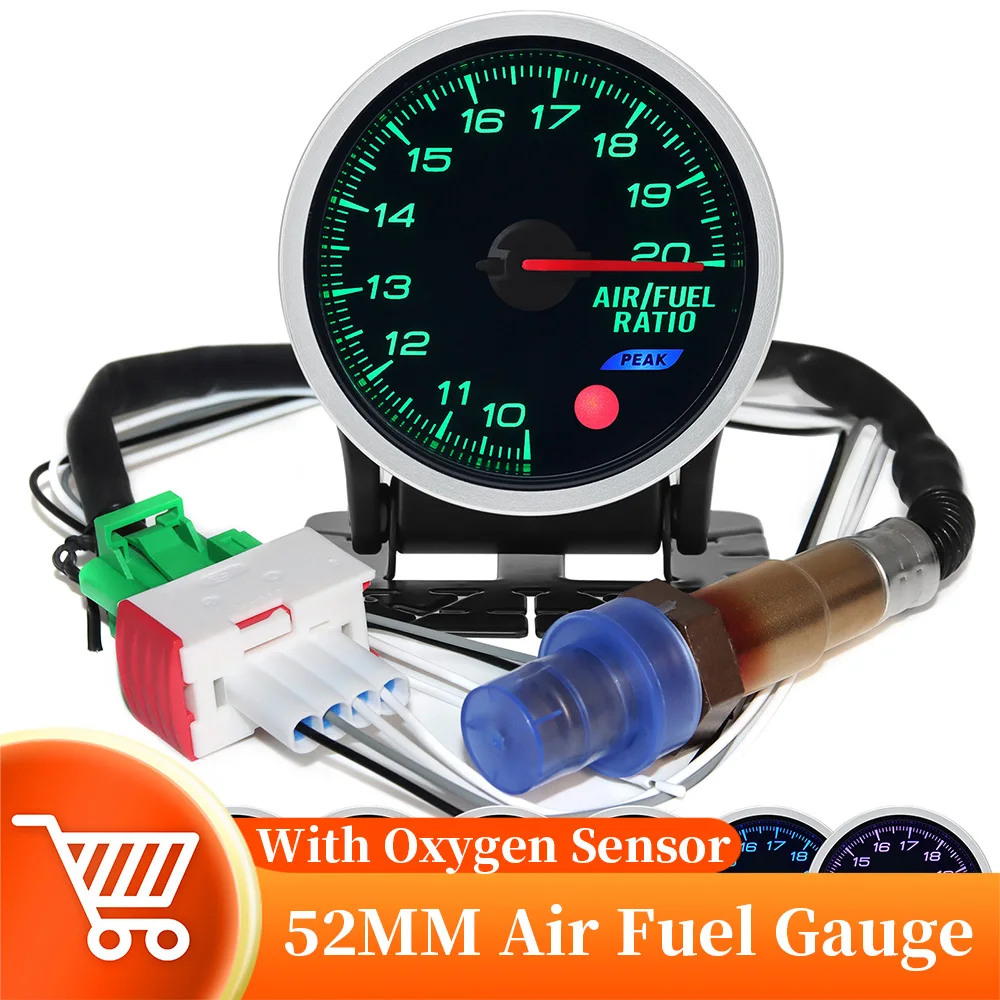 

52mm Air Fuel Ratio Gauge With Narrowband O2 Oxygen Sensor7 Colors Backlight Smoke Lens AFR Meter For 12V Gasoline Vehicle