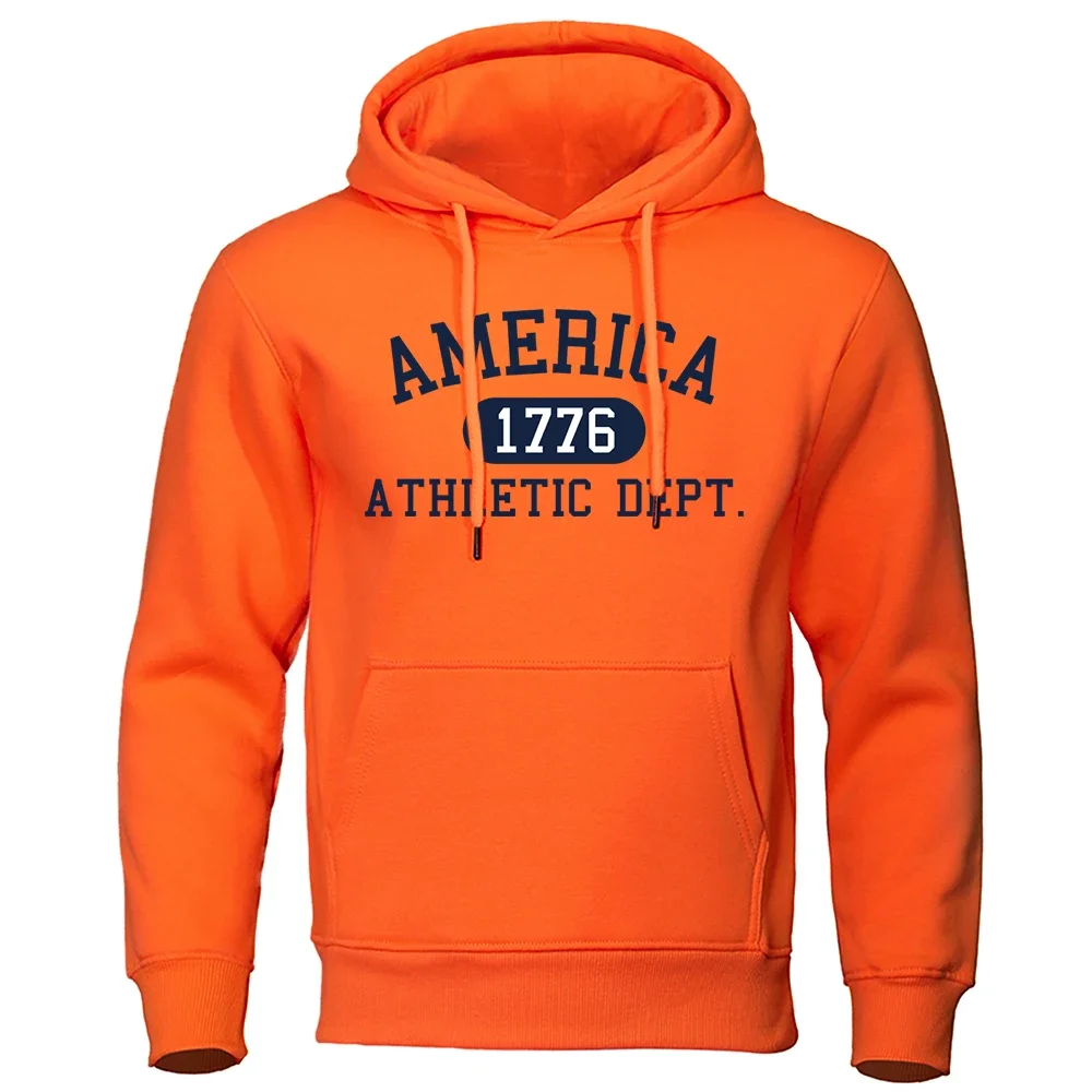 America 1776 Athletic Dept Letter Print Mans Hoodies Pocket O-Neck Sweatshirt Autumn Soft Sweatshirt Casual Loose Man Clothing