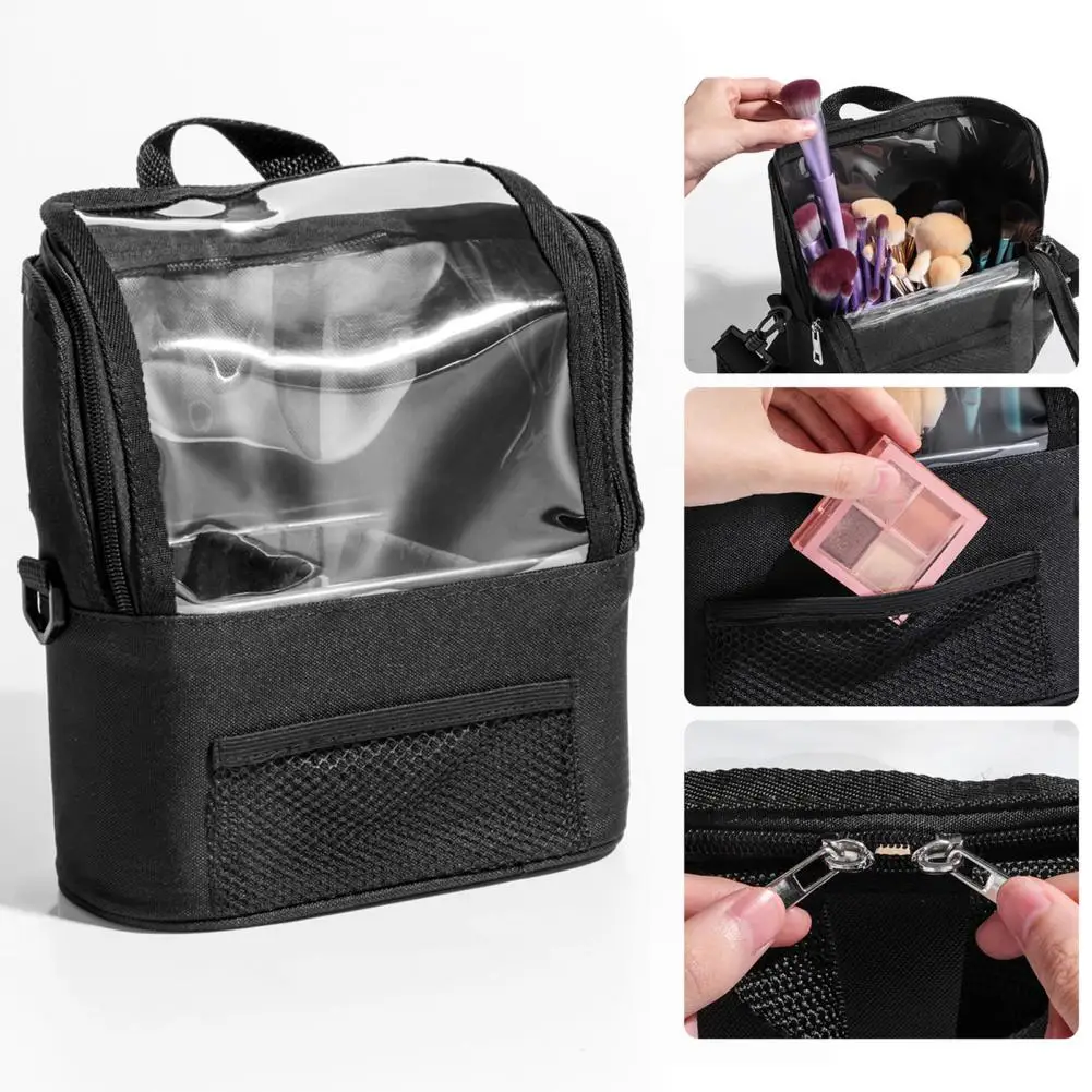 Cosmetic Bag Capacity Professional Makeup Artist Bag with Adjustable Belt Shoulder Strap Transparent Window for Makeup Brushes