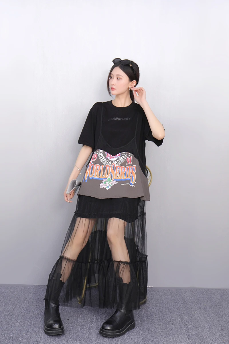 2025 여름 패션 우아한 느슨한 인쇄 메쉬 긴 드레스 여성 짧은 소매 티셔츠 드레스 숙녀 도매 J1120