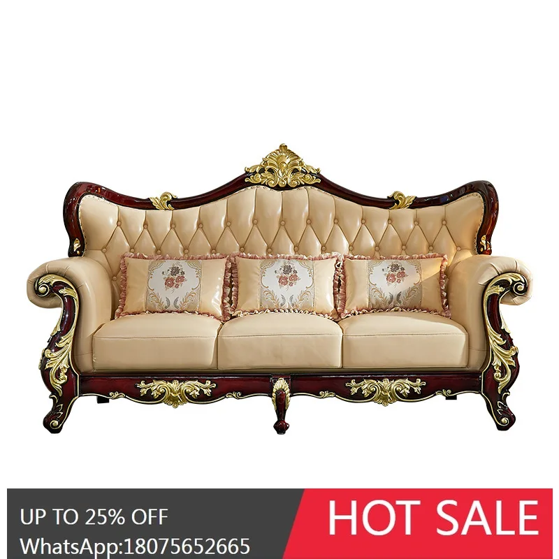 

HLZ European Style Leather Sofa Luxury Solid Wood Carved High-End American Neoclassical Sofa