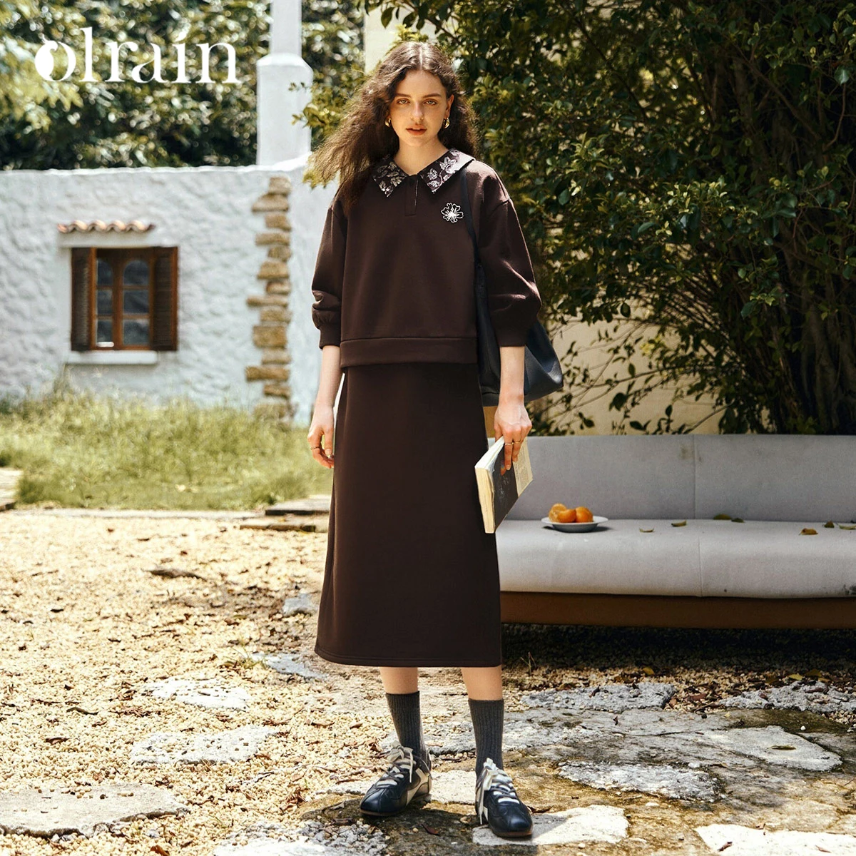 OLrain Two Piece Outfit 2026 Autumn Lapel Design Thickened Pullover & A-Line Skirt Casual Commuter Matching Sets O57DE002225