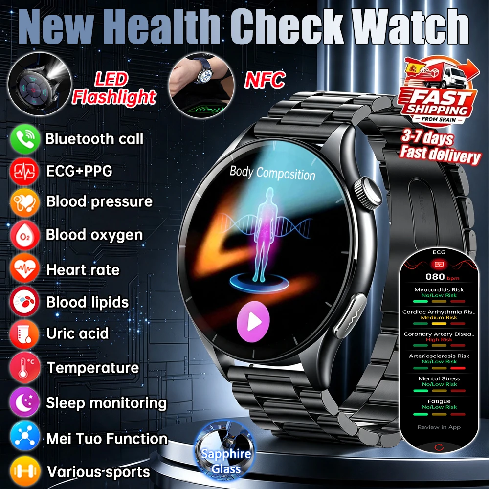 Nouvelle montre intelligente 2026 améliorée pour l'analyse corporelle et la santé, contrôle de la santé cardiaque, ECG+PPG, acide urique, tension artérielle, oxygène sanguin, montre intelligente pour hommes et femmes.