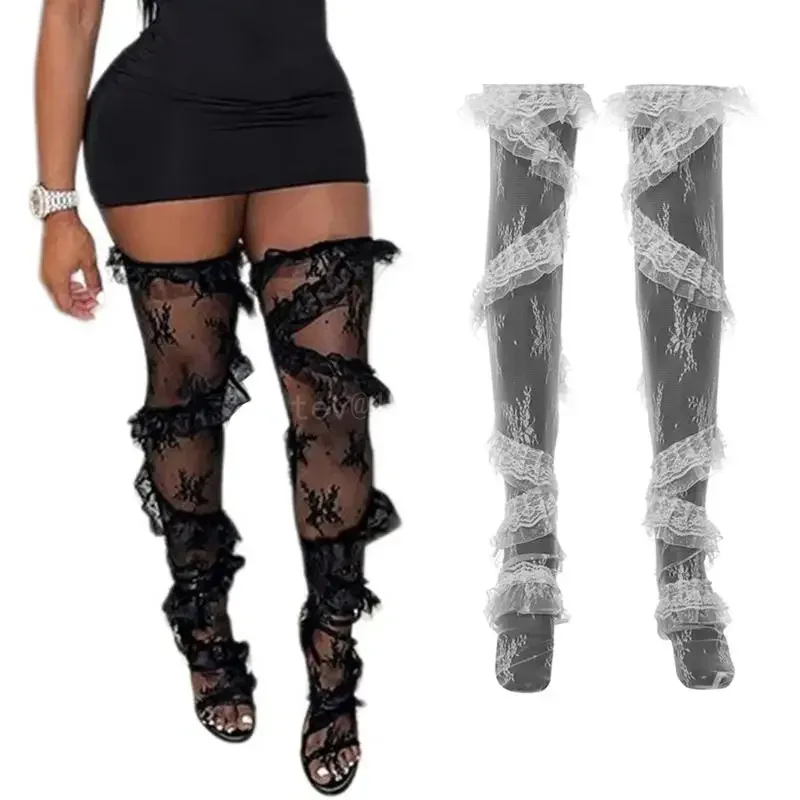 

Womens Aesthetic Sheer Flower Lace Thigh High Stockings Sweet Twill Ruffle Trim Patchwork Loose Over Knee Long Socks