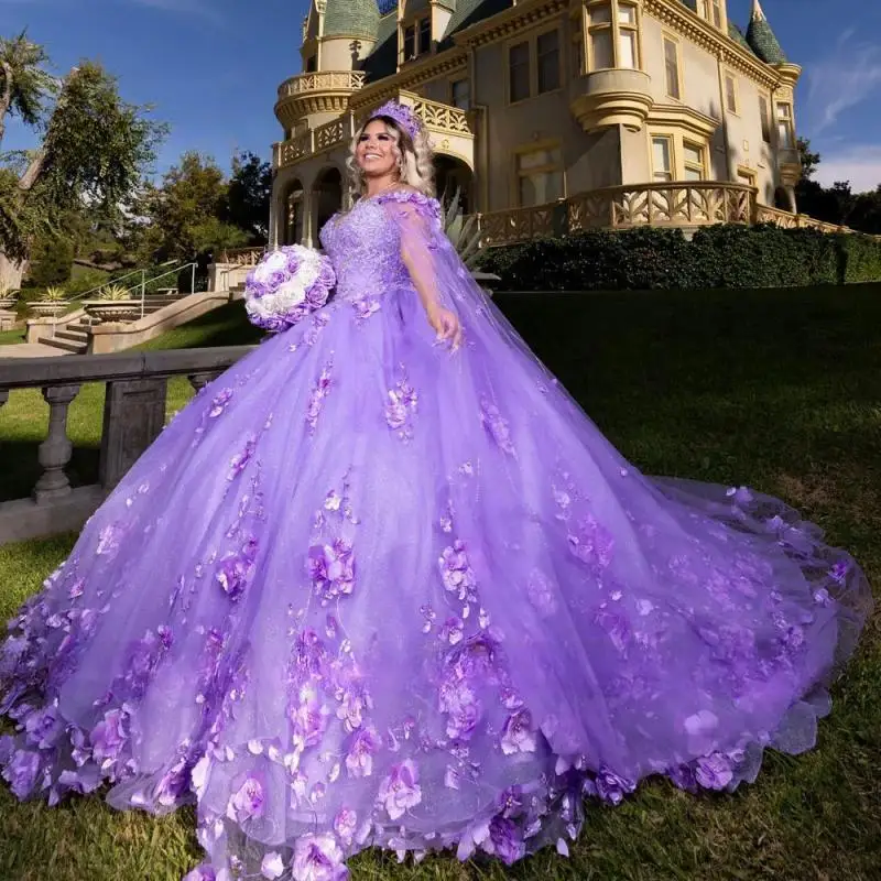 Lavender Ball Gown Quinceanera Dress 2024 3D Floral Princess Lilac Sweet 16 Vestido De XV Años Party Gown Tulle Cape Plus Size