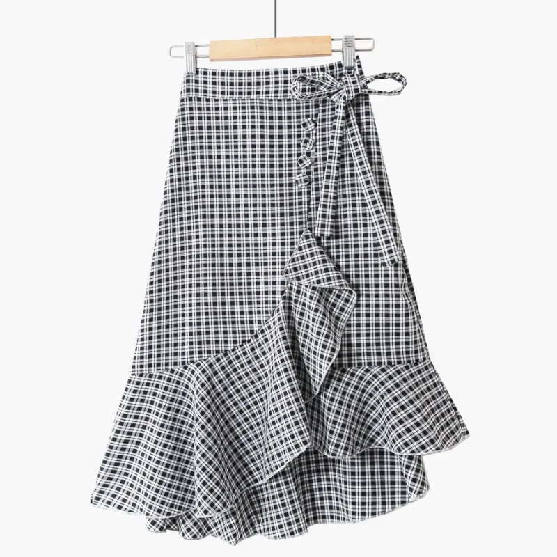 

Y2k Ladies Skirt Plaid Summer Bow Tie Beads A-line Mid-length Irregular Pleated Vintage Clothing Kawaii Lolita Skirt Trends