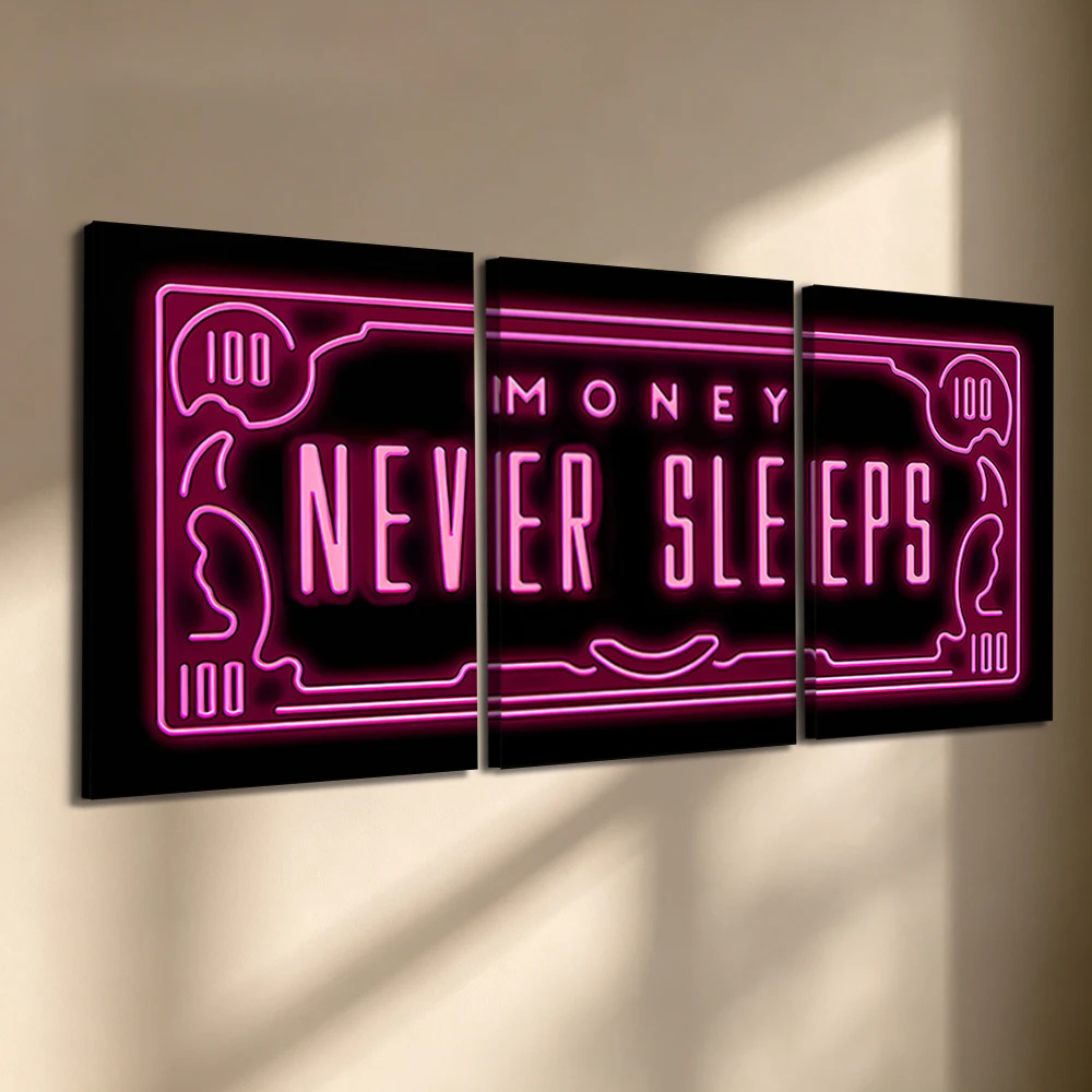 3pcs/Set Wooden Frame Canvas Wall Art, Neon Money Never Sleeps Quote Print, Living Room Bedroom Kitchen Office Home Decor