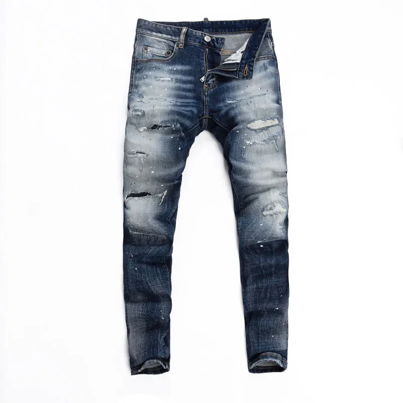 Street Fashion Designer Men Jeans High Quality Retro Blue Stretch Slim Fit Ripped Jeans Men Patched Brand Vintage Denim Pants