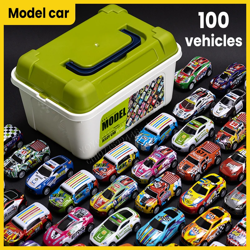 100PCS Mini Alloy Car Model Set with Storage Box Recyclable Car Toys Sliding Inertia Car Children\'s Gift