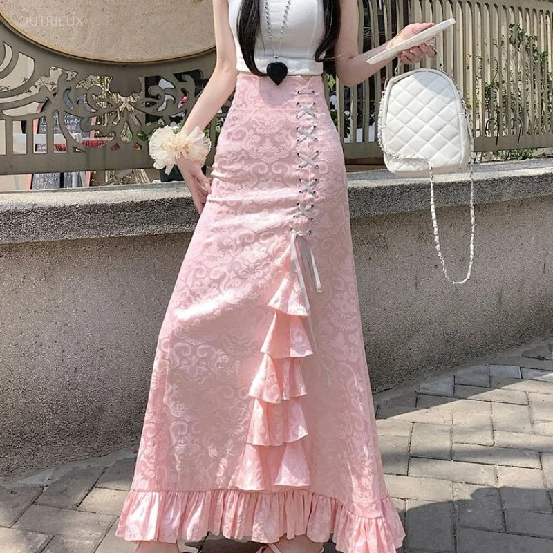 Y2k Ruffles Long Skirt Vintage Japanese Style Spring Autumn Women Skirts Bandage Print Fashion Elegant Faldas Mujer