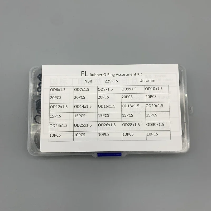 Black 225 Pcs Multi Specification NBR O Ring Kit CS1.5mm Watertight Oil Resistant abrasion  resistance For Automotive Parts