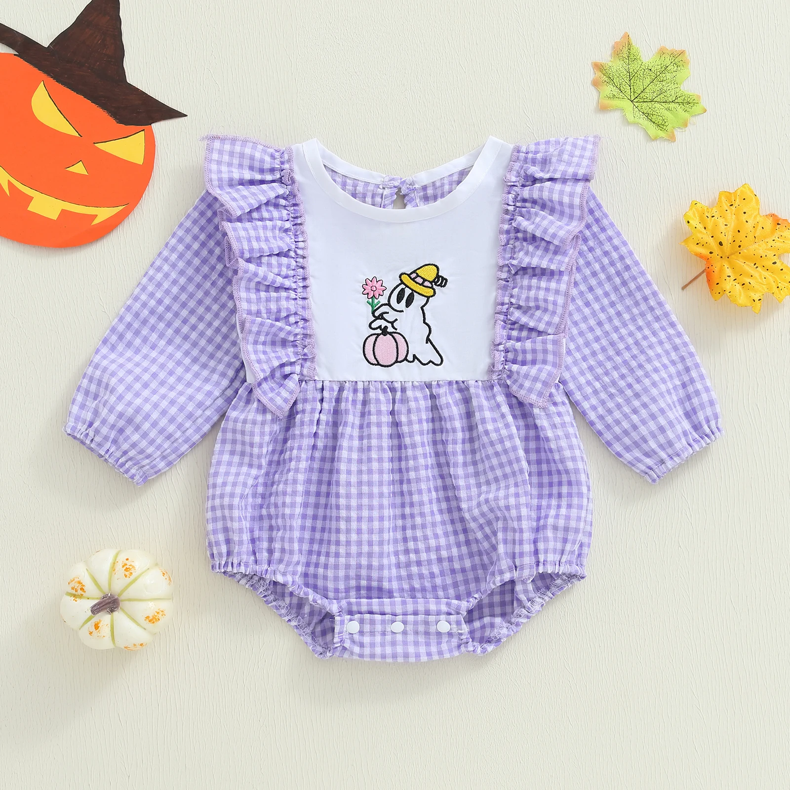 VISgogo طفلة هالوين منقوشة رومبير اليقطين الساحرة شبح المطرزة كشكش تقليم كم طويل بذلة لطيف الخريف الملابس