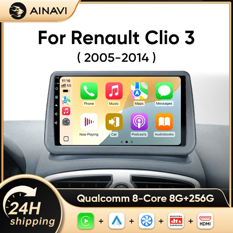 AINAVI Autoradio con Carplay Wireless e Android Auto per Renault Clio 3 2005‑2014, 2 Din, Schermo Touch IPS, Stereo Auto, Navigazione GPS, 4G, Wifi, Bluetooth, FM, DSP, SWC, Lettore Multimediale, 9