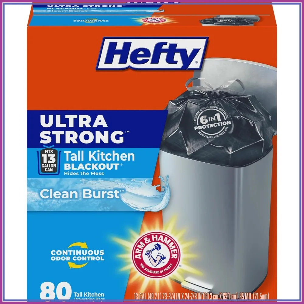 

13 Gallon Tall Kitchen Trash Bags, Heavy Duty Black Garbage Bags with Drawstring, 80 Count