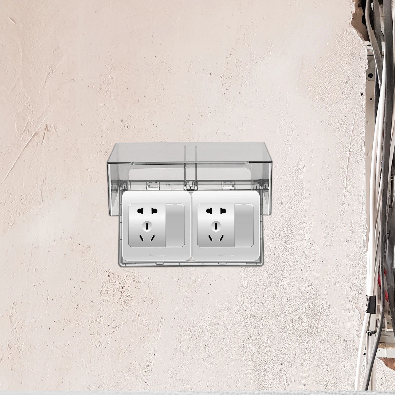1pc Waterproof Socket Cover Sticky Type Splash-Proof Outlet Box For Kitchen Bathroom Outdoor Double Position Conjoined Socket