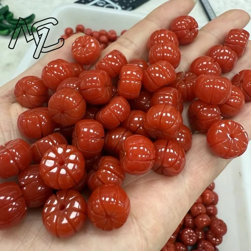 10pc Natural Emerald Red Jade Pumpkin 14mm Beads Bracelet Adjustable Bangle Jewellery Accessories Hand-Carved Man Luck Amulet