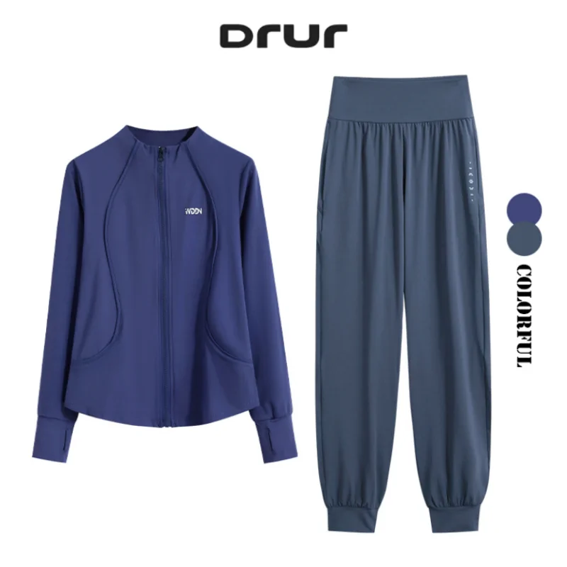 DRUR M-4XL Women's Sweatsuits Two Piece Loose Fit Running Sets Long Sleeve Workout Jackets and Sweatpants With Pocket Streetwear