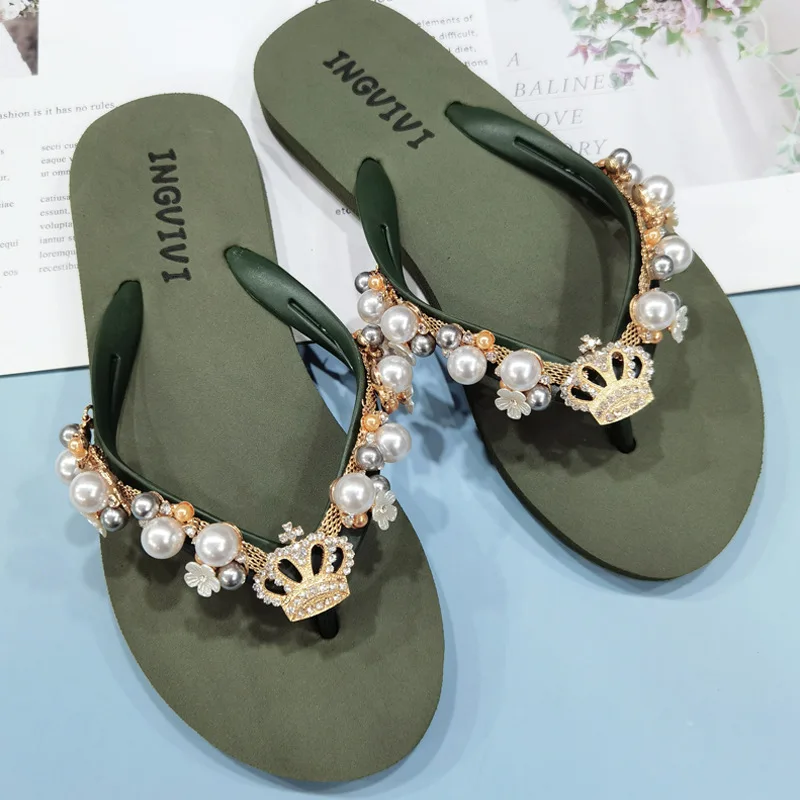 Summer Women Flip Flops Beach Vacation Slippers Pearls Sides Sandals 1.5 CM Flat With Soft Casual Shoes For Female