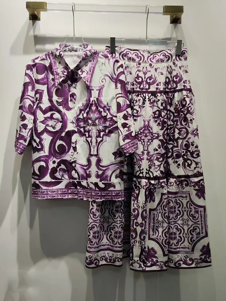 

Retro geometric printed lapel short shirt set for 2025 summer women's wear + high-waisted A-line skirt fashion set