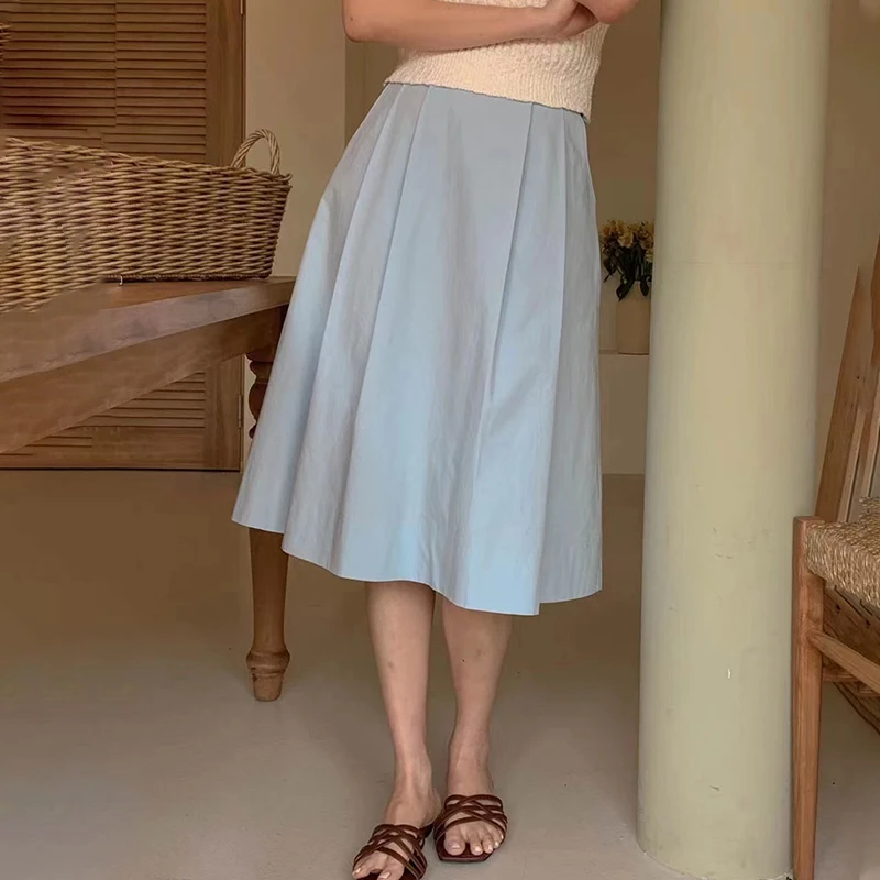 

Light Blue A-Line Skirt Women's Summer High Waist Versatile Casual Small Size Skirts Commute Style Pleated Fabric