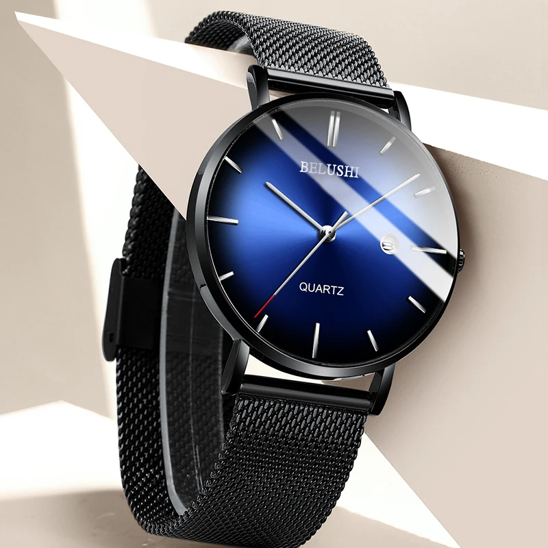 BELUSHI Men's Quartz Watch Blue Light Ultra-Thin Fashionable Men's Wristwatch Student-Friendly Water-Resistant Quartz Watch