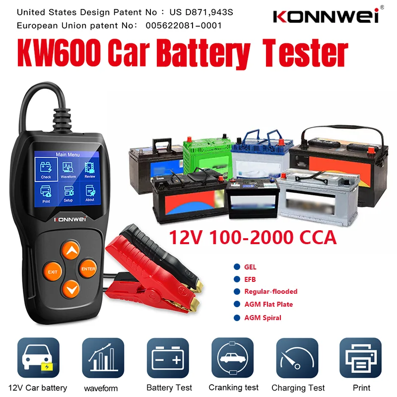 

Тестер автомобильных и мотоциклетных аккумуляторов KONNWEI KW600, 12В, для быстрой диагностики заряда, запуска двигателя, анализа формы сигнала напряжения в реальном времени