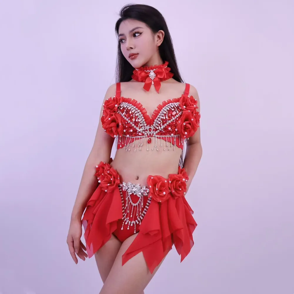 Bar Nightclub Party Sexy Stage Wear Red Flower Beading Bikini 2 PCS Set Women DJ Singer Gogo Pole Dance Team Performance Costume