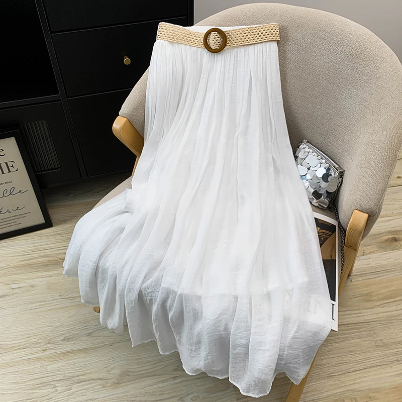 White Summer Cotton Linen Maxi Skirt Woman Elastic Waisted Loose Casual Big Swing Beach Long Skirts With Belt