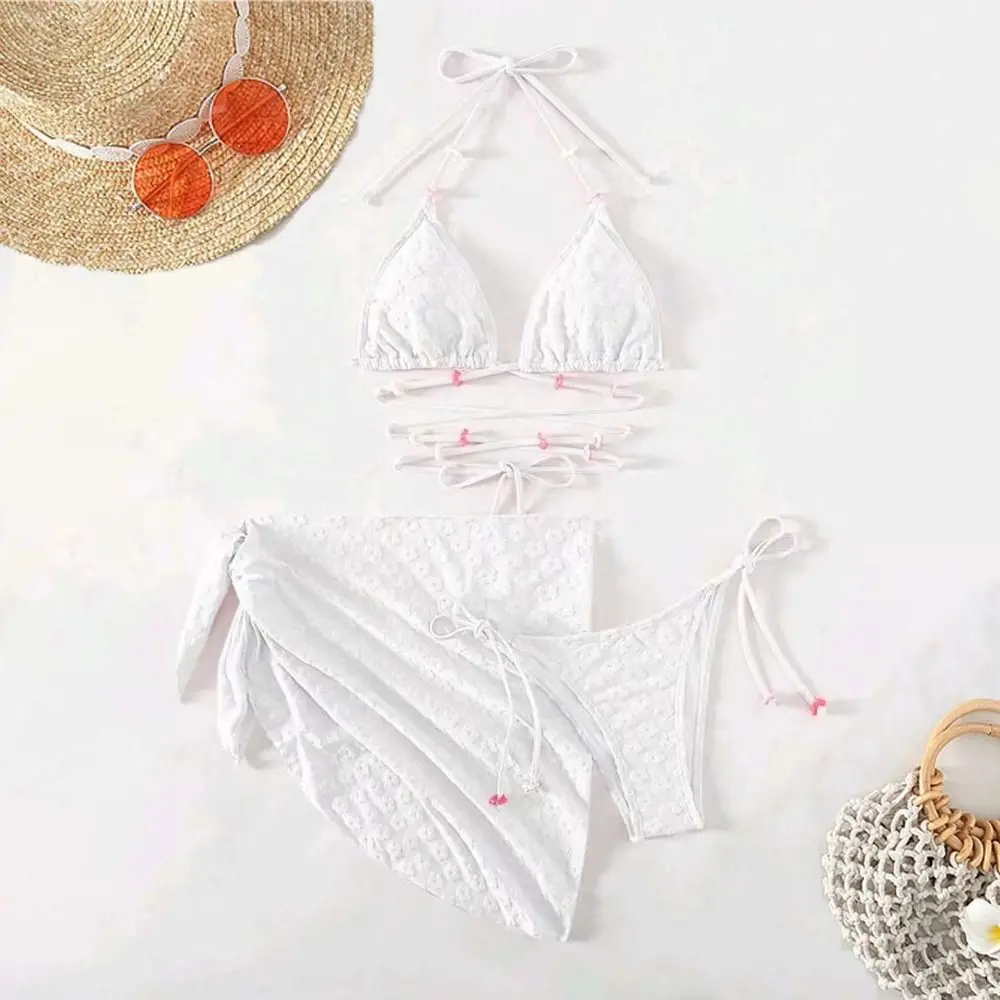 Floral 3 Pcs Swimsuits Bikinis Set Cross Bathing Suit Flower Knot Triangle Bikini Set Split Lingerie Lace Tied Up Swimwear Set