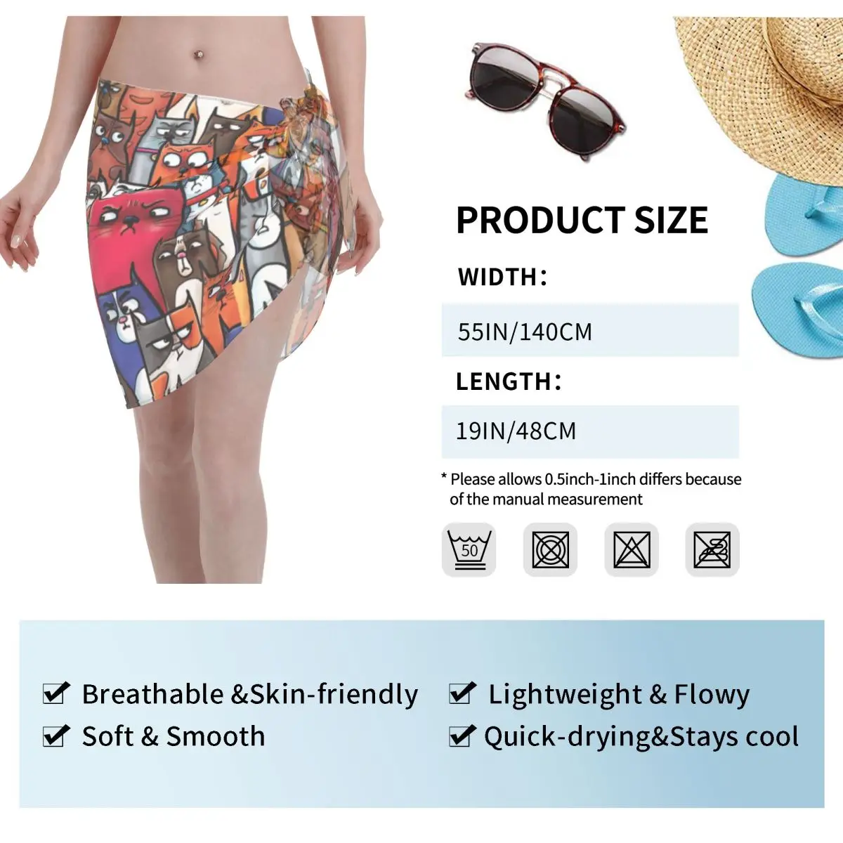 Custom น่าสงสัย Kitties แมวรูปแบบชุดว่ายน้ํา Coverups พิมพ์สั้น Sarongs ชุดว่ายน้ํา Sheer Coverups Sarong Coverups Beach Wrap