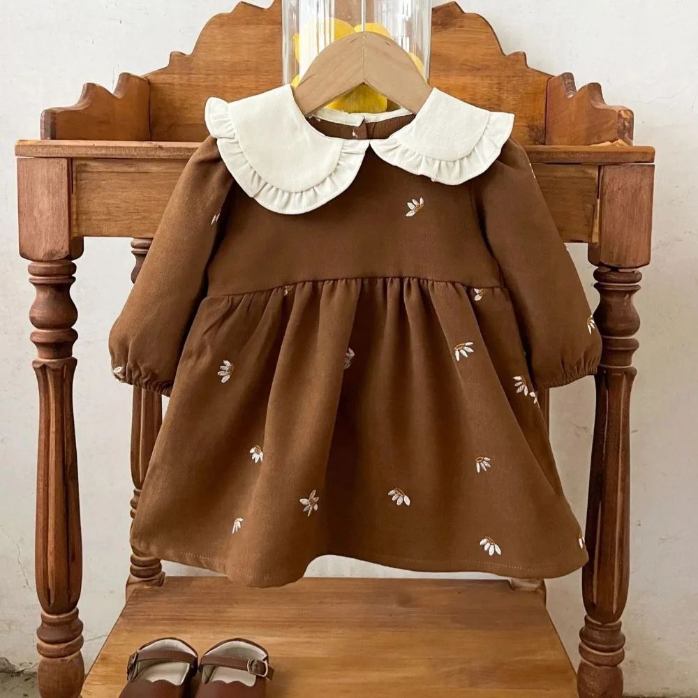 1-3 سنة طفلة الخريف نمط جديد دمية طوق بأكمام طويلة فستان الأميرة الأزهار النسخة الكورية زي الأطفال غير رسمي