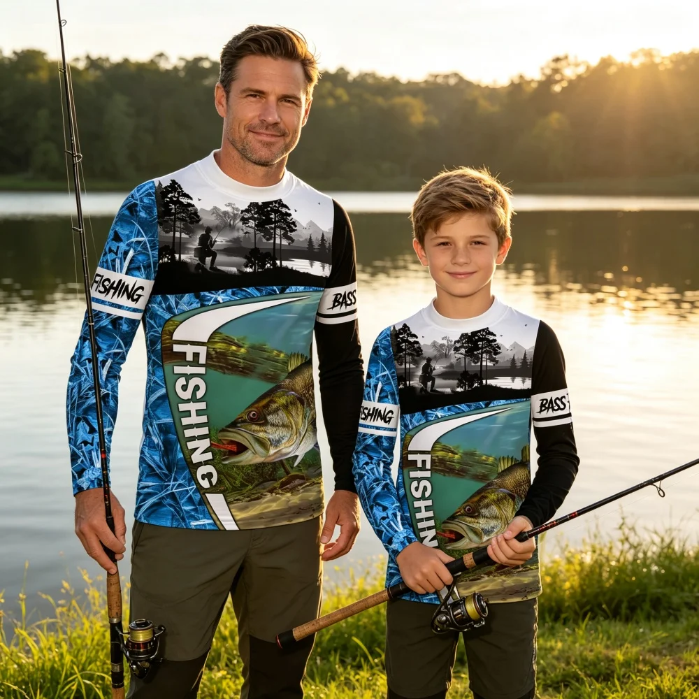 Family Matching Fishing Shirts Dad Son Long Sleeve Sun Protection Quick Dry Outdoor Fishing T-Shirt Anti-UV Fishing Men Clothing