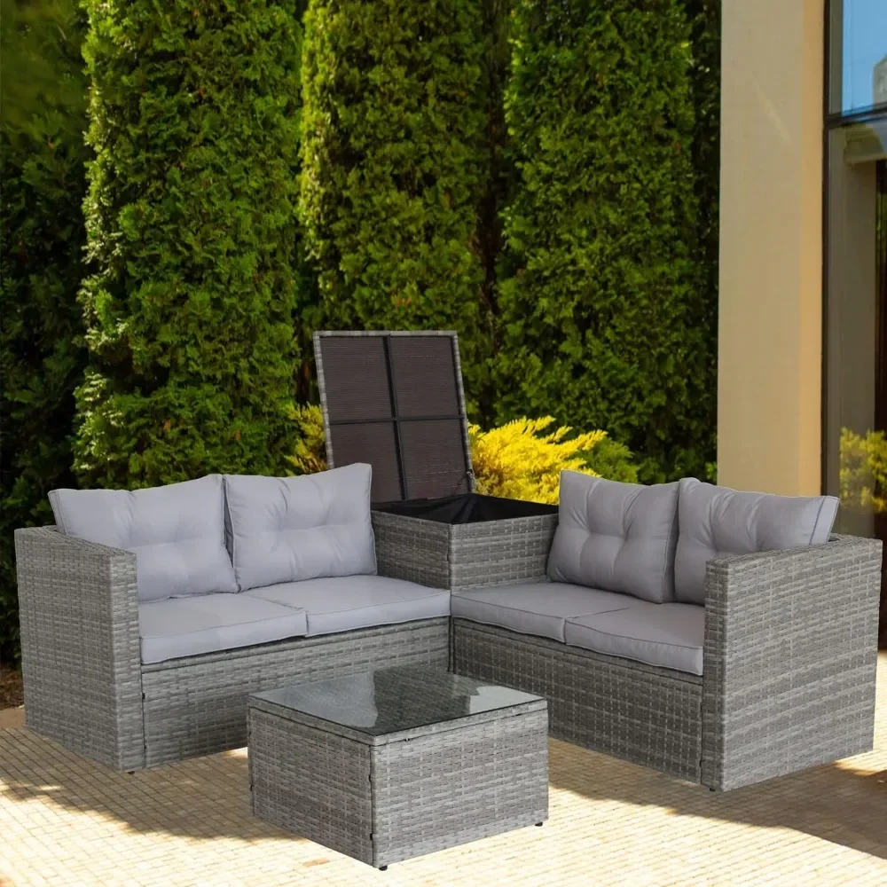 Outdoor Furniture 4-Piece Deck Sofa Wicker Conversation Sofa With Storage Box and Glass Table for Garden Porch Patio Couch Set