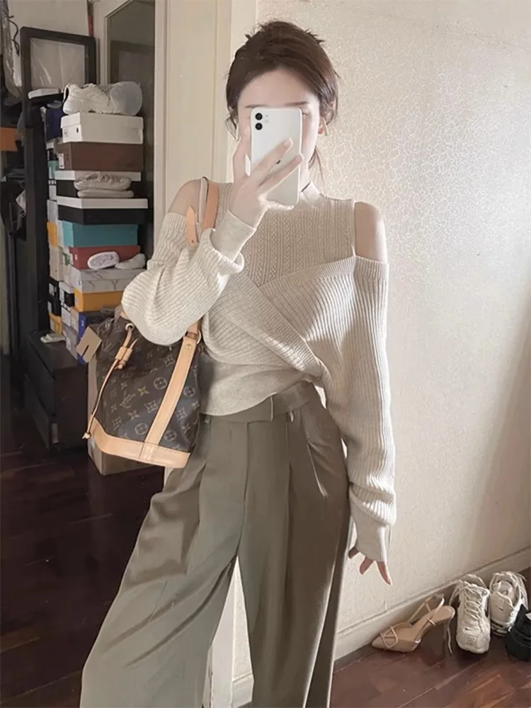 

Shoulder Bared Long Sleeve Knitwear Women's Short Style Inner Wear Casual High Waist Hollow out Loose Fit Autumn New Design