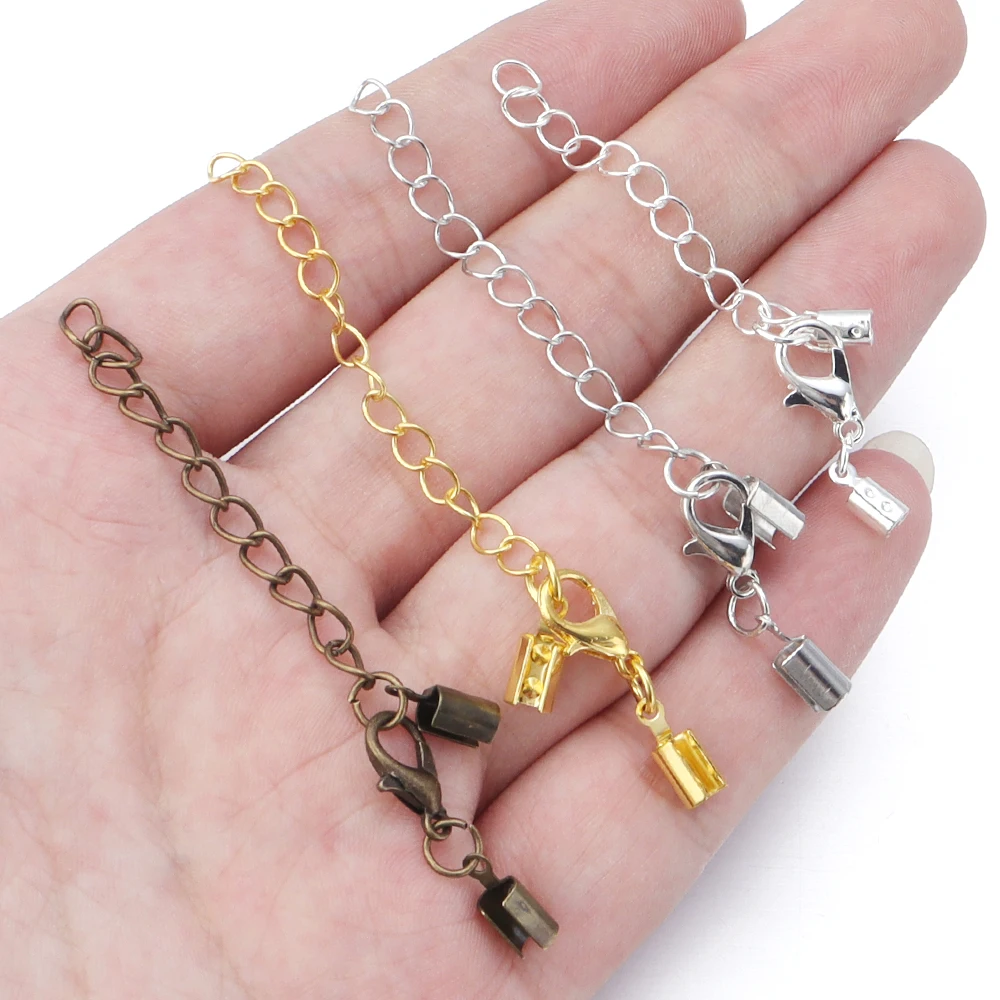10set/lot 3-8mm Cord Clips End Caps With Lobster Clasp Extending Chain Fit Leather Cord Connectors DIY Jewelry Making Finding