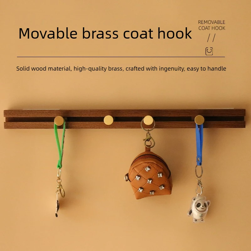 Brass Sliding Wooden Coat Hook, Wall Mounted Door Hanger for Hats & Bags, Vintage Background Decor for Entryway & Bedroom