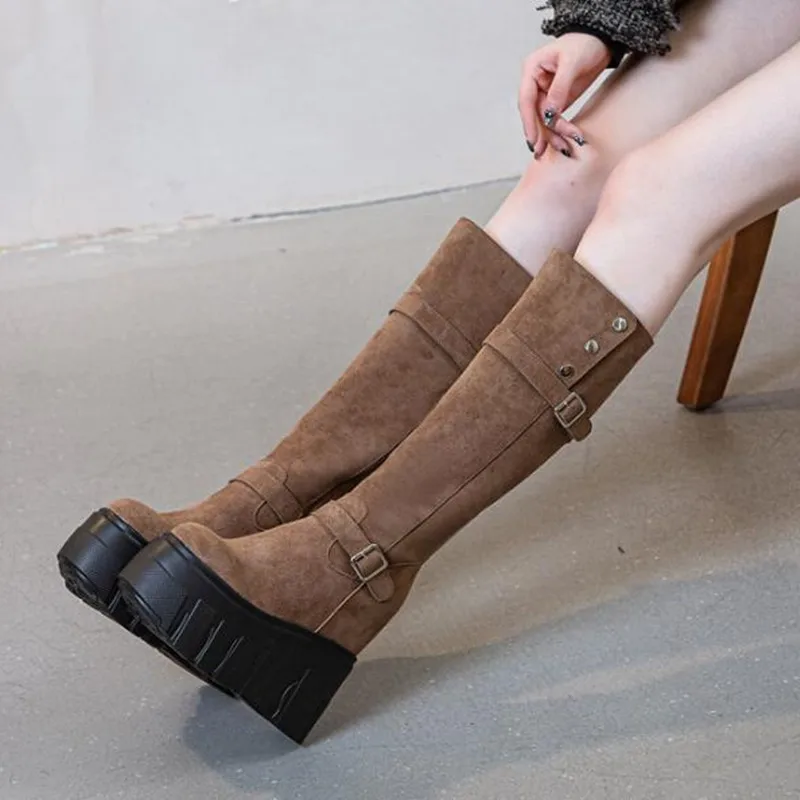 New 14cm Microfiber Synthetic Leather High Top Boots Women Booties Knee High Platform Wedge Autumn Winter Zipper Fashion Shoes