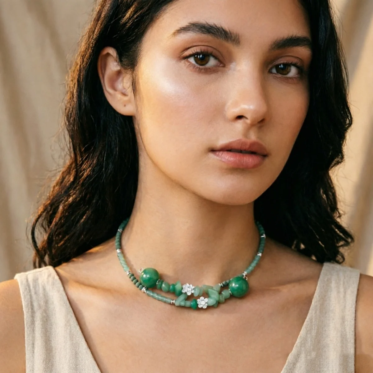 Vintage Ethnische Grüne Naturstein-Halskette mit Unregelmäßigen Perlen für Frauen und Männer, Chinesischer Stil, Silberfarbener Lotusblumen-Choker Schmuck – Detail 15