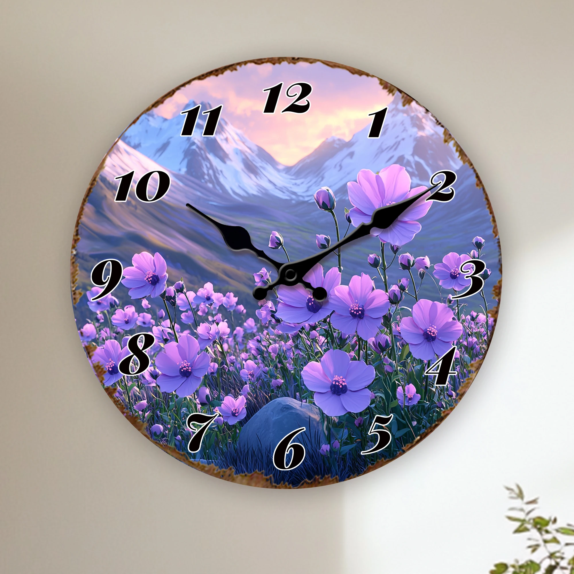 Mountain Wildflower Meadow Round Wall Clock, Purple Flowers Landscape Design, High-Resolution Print Decorative Silent Quartz Tim