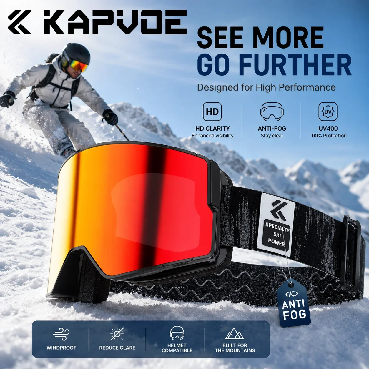 Kapvoe UV400 HD New Ski Goggles Photochromic Snow Goggles Snowboard Anti-Fog Mask Women Men Glasses Snowmobile Winter Sunglasses
