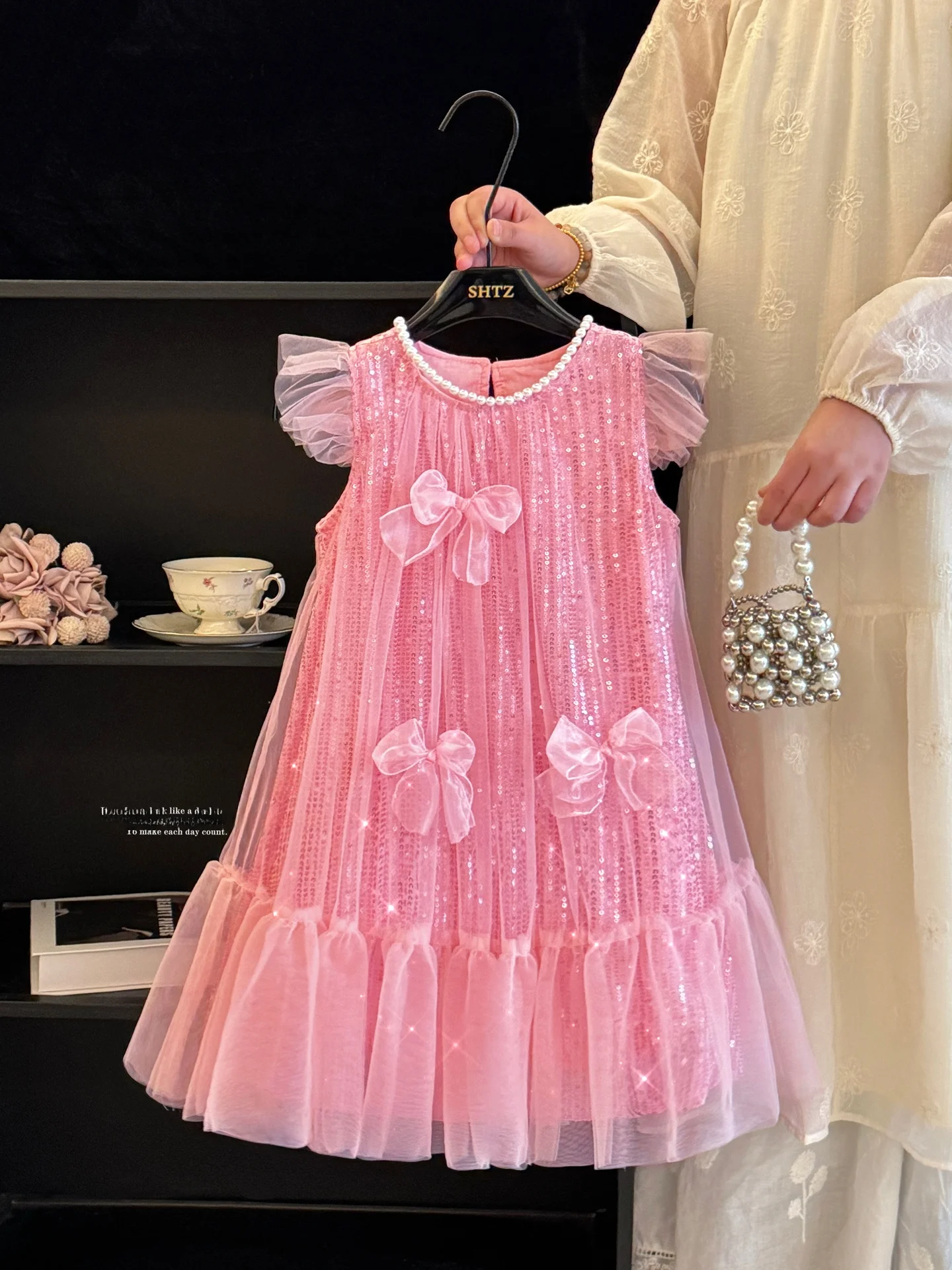 girls-summer-sleeveless-vest-dress-sparkling-sequin-princess-skirt-fashionable-knot-low-waist-polka-dot-midi-dress