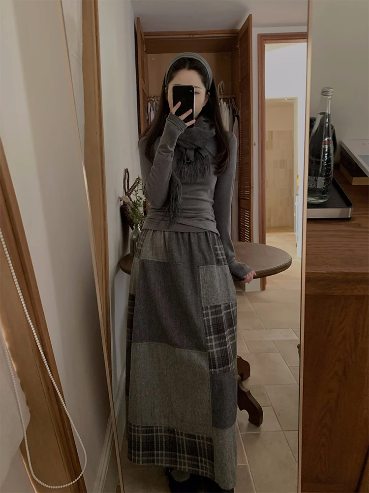 

ZNG OP High nce Art Student ey Woolen Plaid Briti Sle f Skirt Women's Warm Double Layer mid Waist Cotton ...