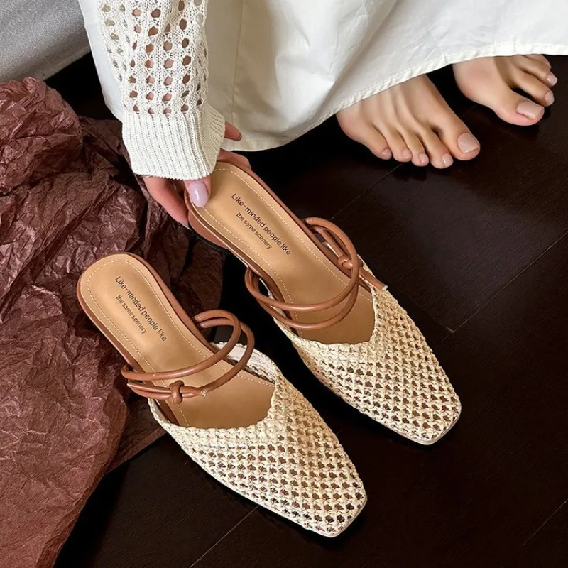 

YUYIN Vintage Woven Slip-on Toe Half Slippers Women's New Outwear French Fairy Style Thick Heel Holiday Shoes Women Sandals