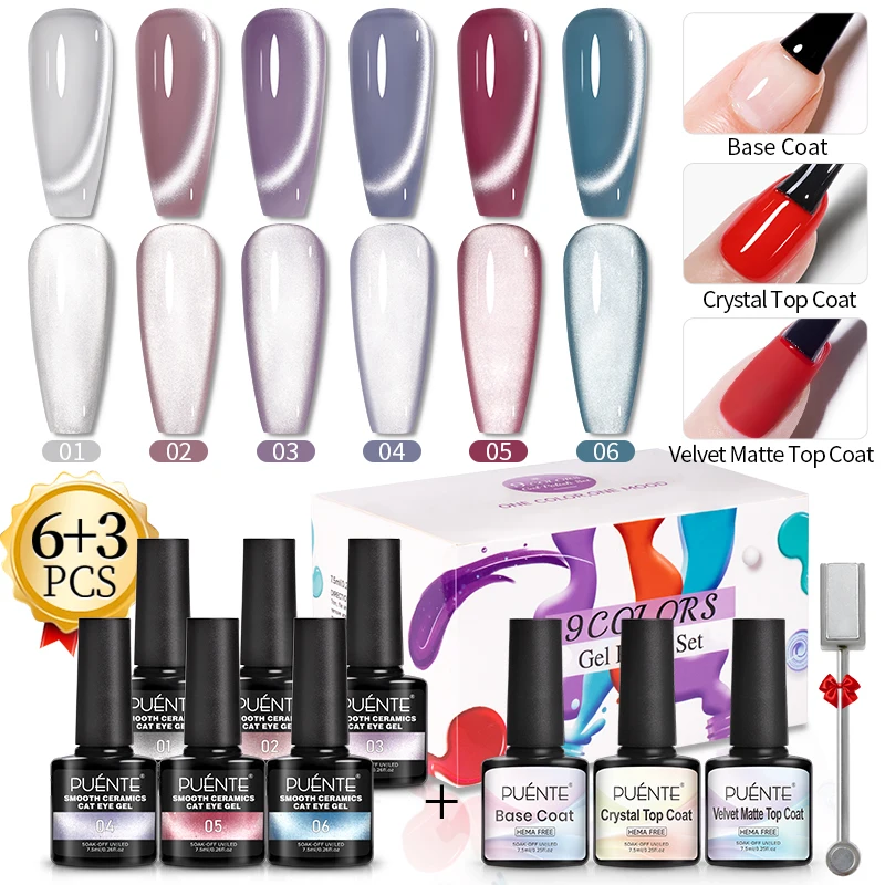 

PUENTE 6-цветный магнитный гель для ногтей Moonlight Cat с базовым верхним покрытием Ультра-яркий белый набор гелей для ногтей с тенью Moonlight Soak Off UV