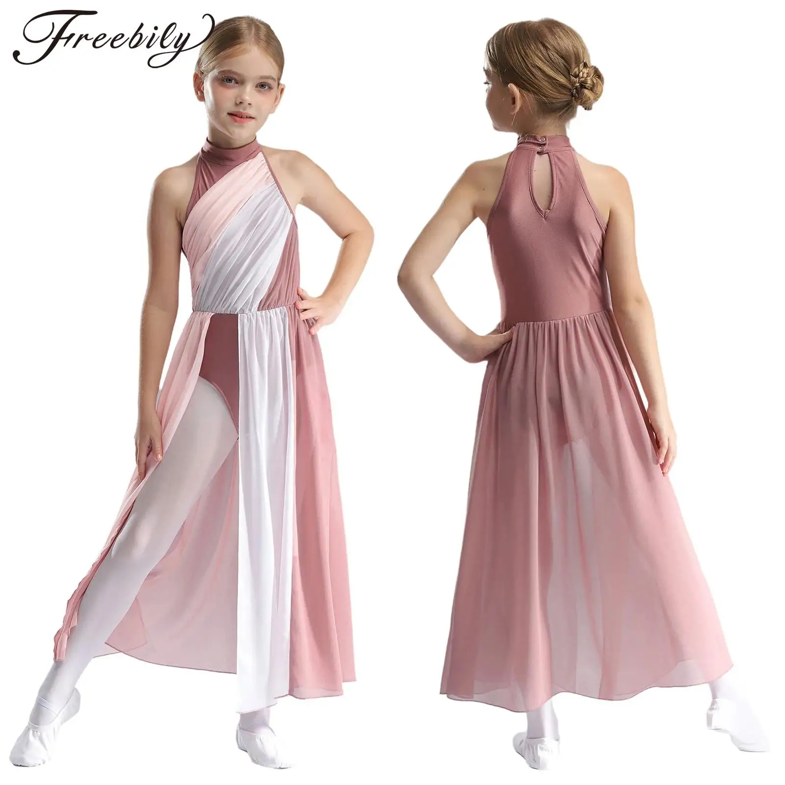 Kids Girls Modern Lyrical Dance Performance Costume Sleeveless Color Block Split Maxi Dress for Figure Skating Ballet Gymnastics