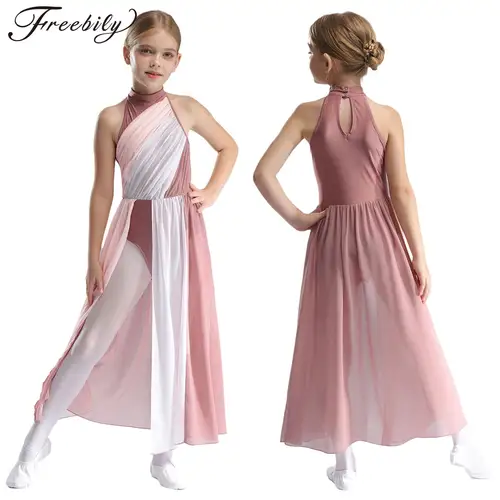 Traje de actuación de danza lírica moderna para niñas, vestido largo dividido sin mangas con bloques de Color para patinaje artístico, gimnasia de Ballet